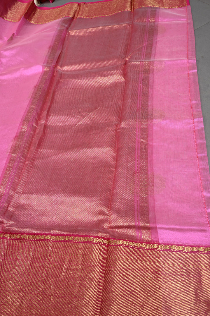 Bubblegum Pink Chanderi Silk Saree with Meenakari  Peacock Zari Buttas and Zari Border | SHOBITAM