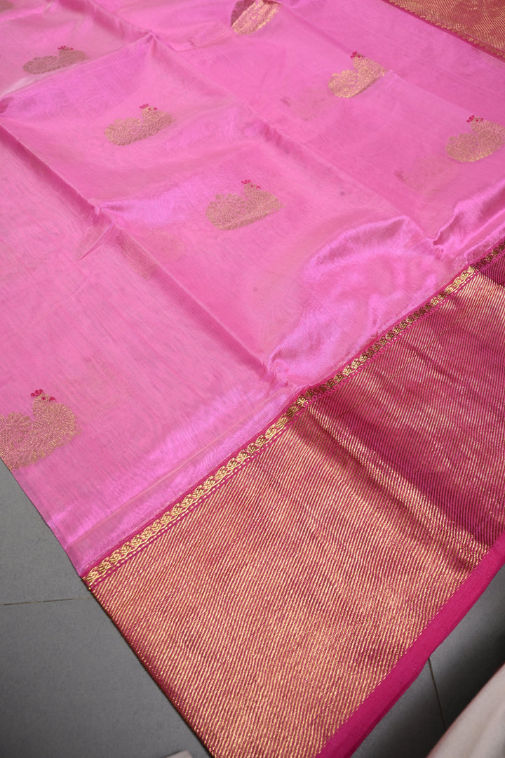 Bubblegum Pink Chanderi Silk Saree with Meenakari  Peacock Zari Buttas and Zari Border | SHOBITAM