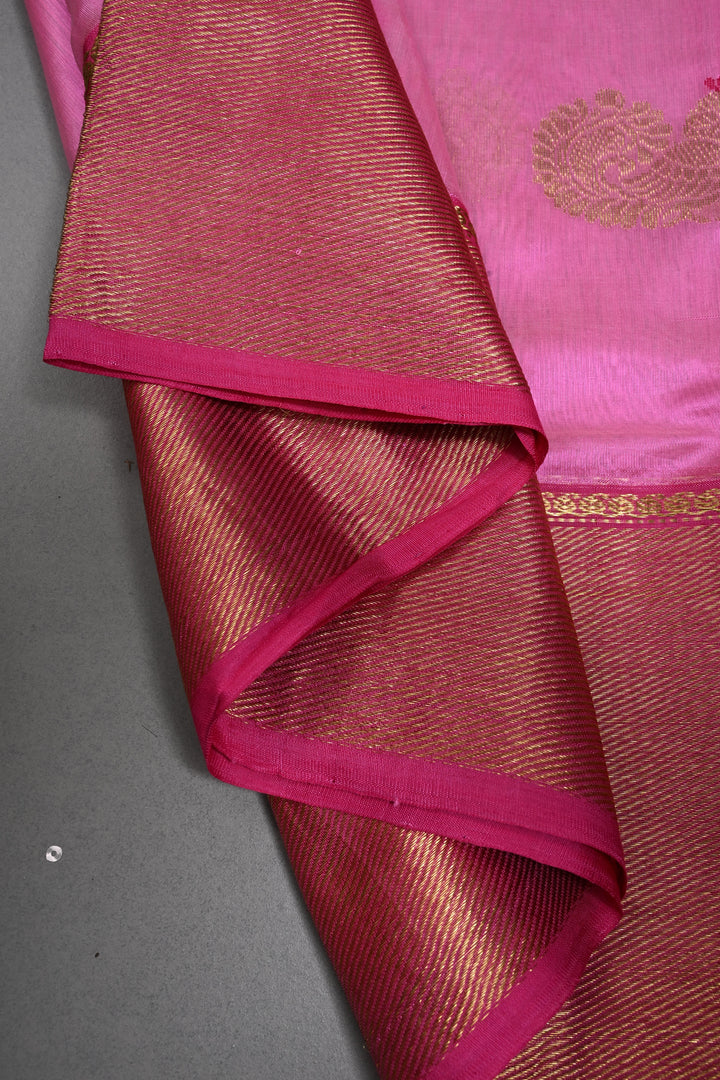 Bubblegum Pink Chanderi Silk Saree with Meenakari  Peacock Zari Buttas and Zari Border | SHOBITAM