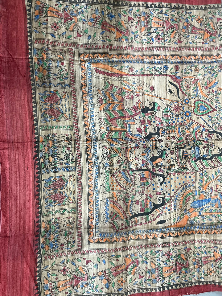 Brick Red Madhubani hand painted on Geecha Tussar Silk Saree With Border | SILK MARK CERTIFIED | SHOBITAM