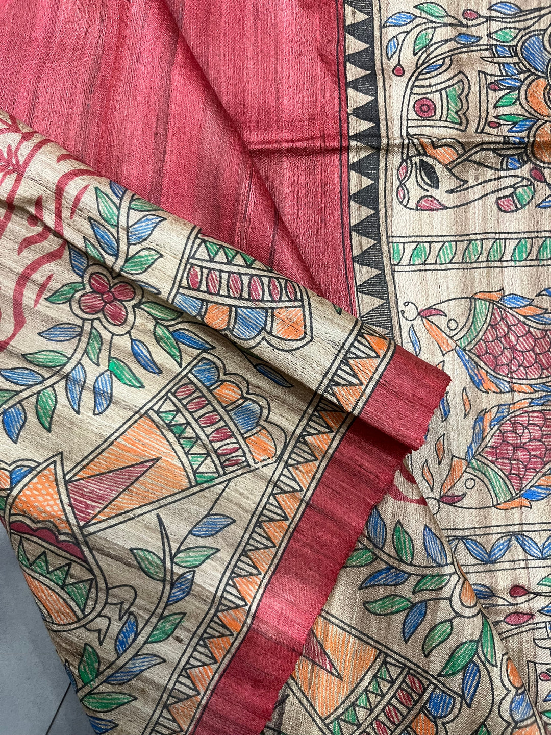 Brick Red Madhubani hand painted on Geecha Tussar Silk Saree With Border | SILK MARK CERTIFIED | SHOBITAM
