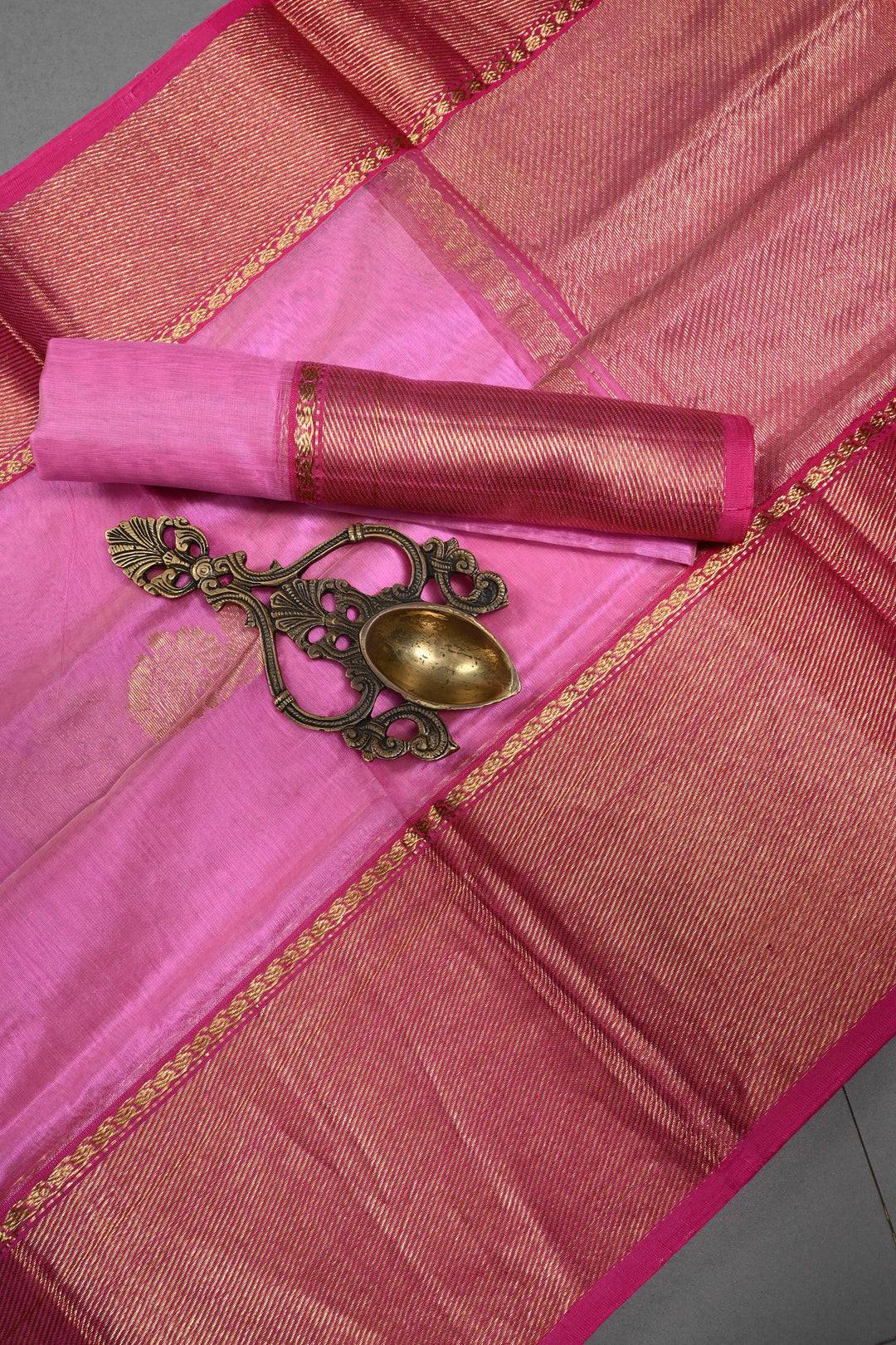 Bubblegum Pink Chanderi Silk Saree with Meenakari  Peacock Zari Buttas and Zari Border | SHOBITAM