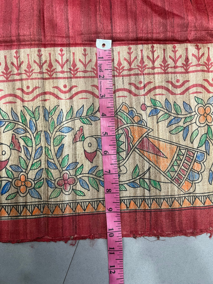 Brick Red Madhubani hand painted on Geecha Tussar Silk Saree With Border | SILK MARK CERTIFIED | SHOBITAM