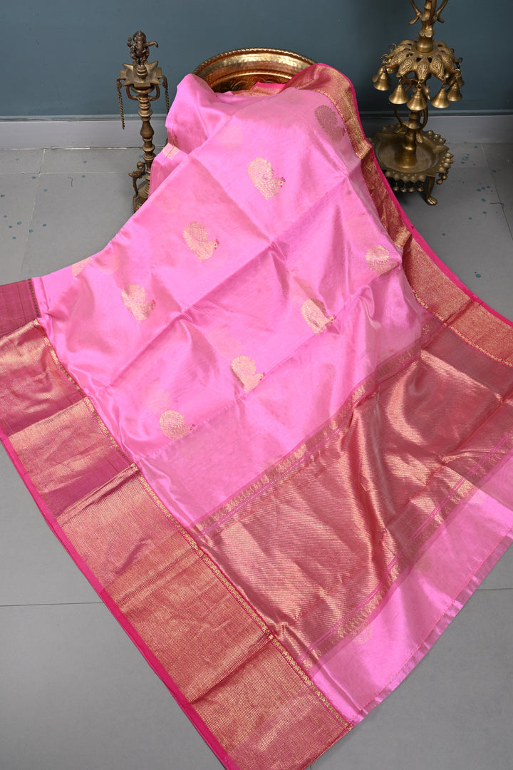 Bubblegum Pink Chanderi Silk Saree with Meenakari  Peacock Zari Buttas and Zari Border | SHOBITAM