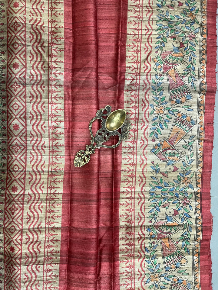 Brick Red Madhubani hand painted on Geecha Tussar Silk Saree With Border | SILK MARK CERTIFIED | SHOBITAM
