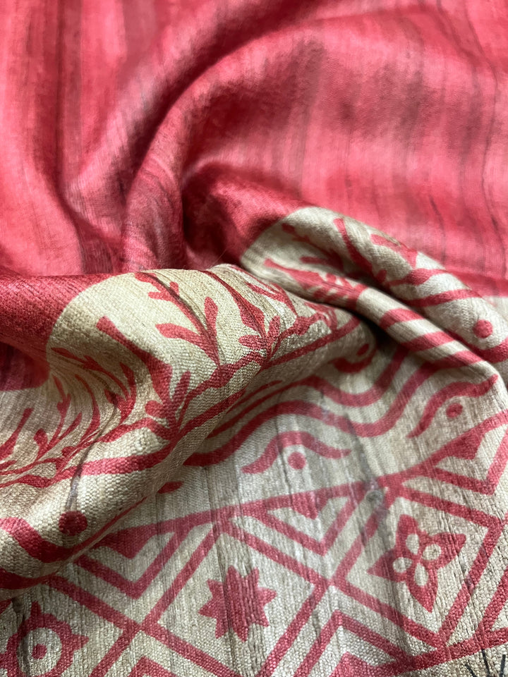 Brick Red Madhubani hand painted on Geecha Tussar Silk Saree With Border | SILK MARK CERTIFIED | SHOBITAM
