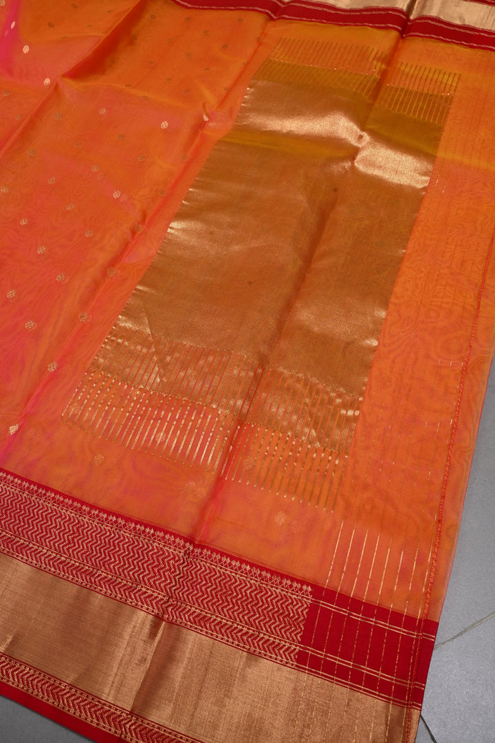 Orange Dual Tone Chanderi Silk Saree with Zari Buttas and Contrast Zari Border | SHOBITAM
