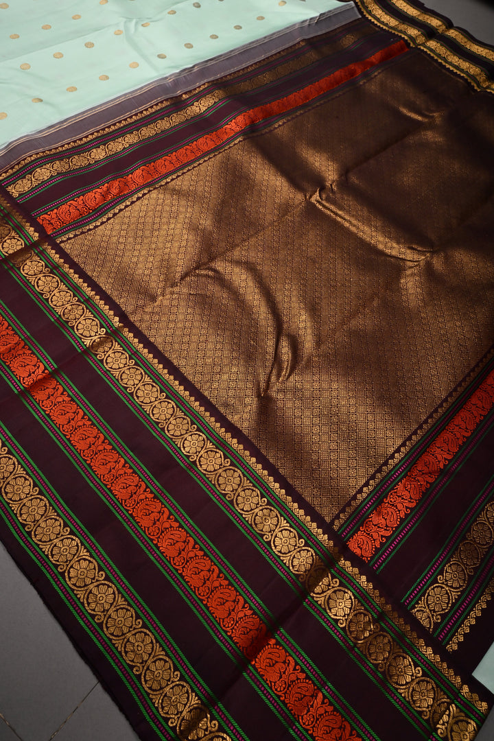 Mint Green Korvai Pure Gadwal Silk Saree with Zari Buttas and Contrast Zari-Resham Border | SILK MARK CERTIFIED | SHOBITAM