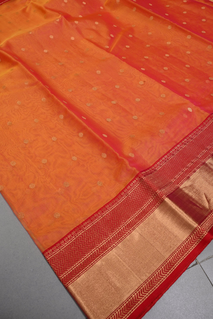 Orange Dual Tone Chanderi Silk Saree with Zari Buttas and Contrast Zari Border | SHOBITAM