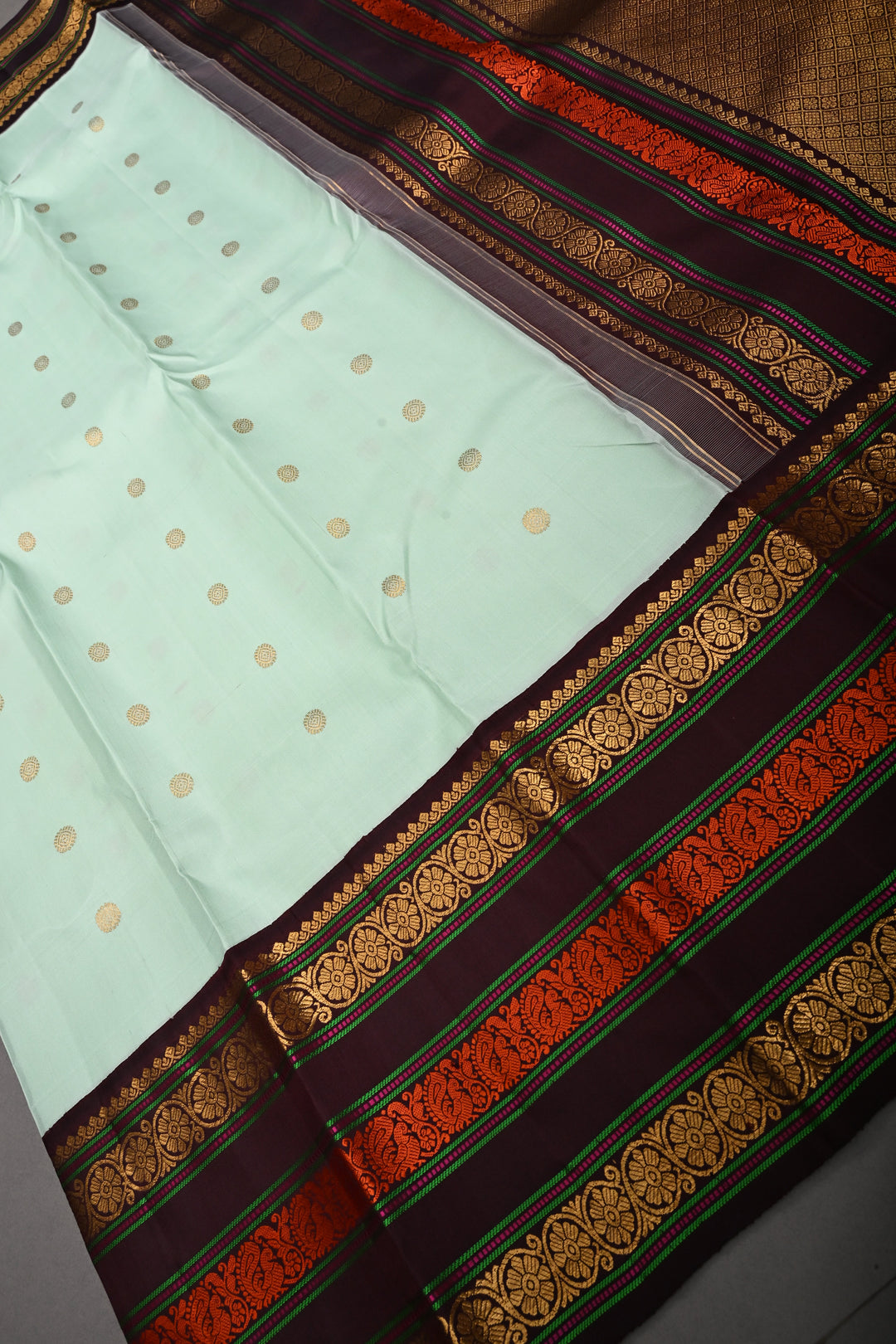 Mint Green Korvai Pure Gadwal Silk Saree with Zari Buttas and Contrast Zari-Resham Border | SILK MARK CERTIFIED | SHOBITAM