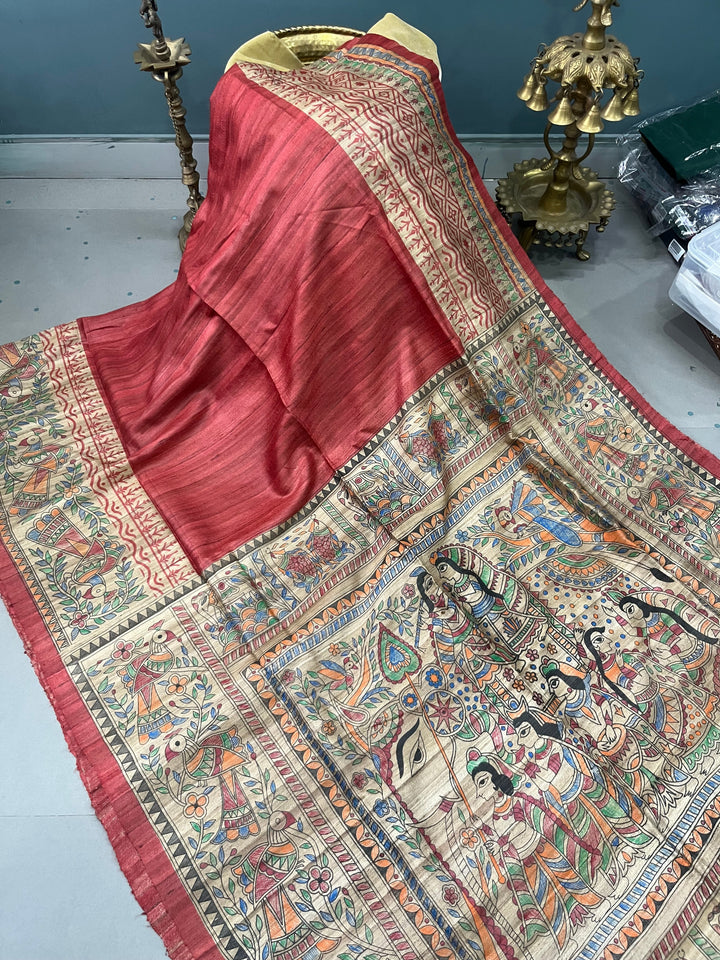 Brick Red Madhubani hand painted on Geecha Tussar Silk Saree With Border | SILK MARK CERTIFIED | SHOBITAM