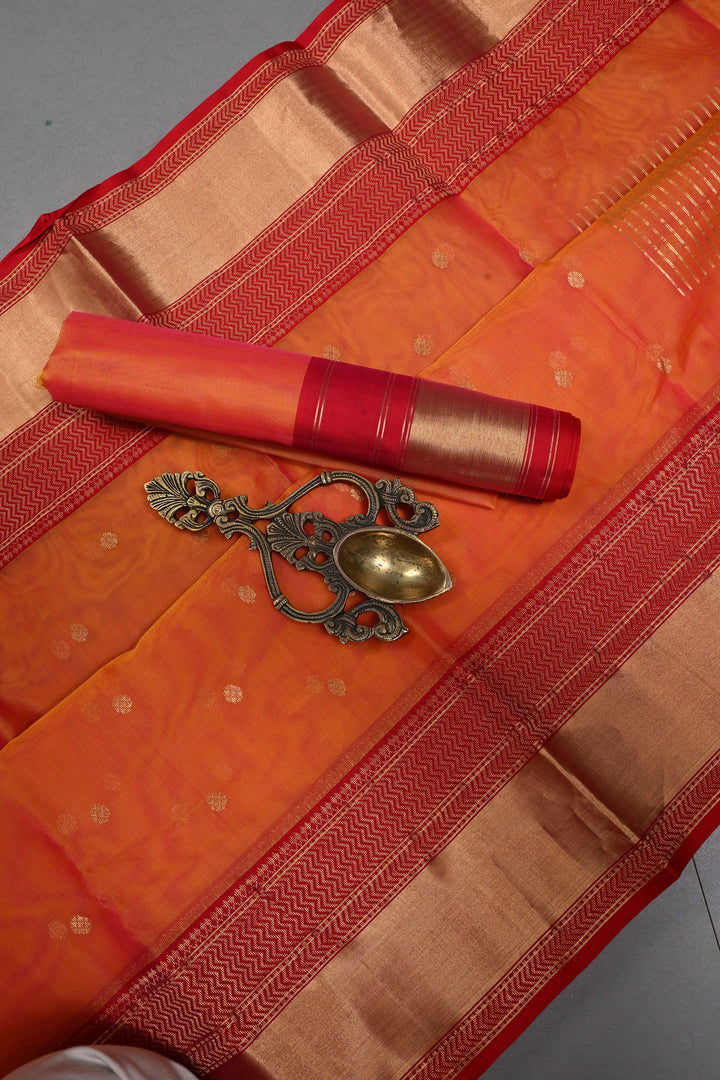 Orange Dual Tone Chanderi Silk Saree with Zari Buttas and Contrast Zari Border | SHOBITAM
