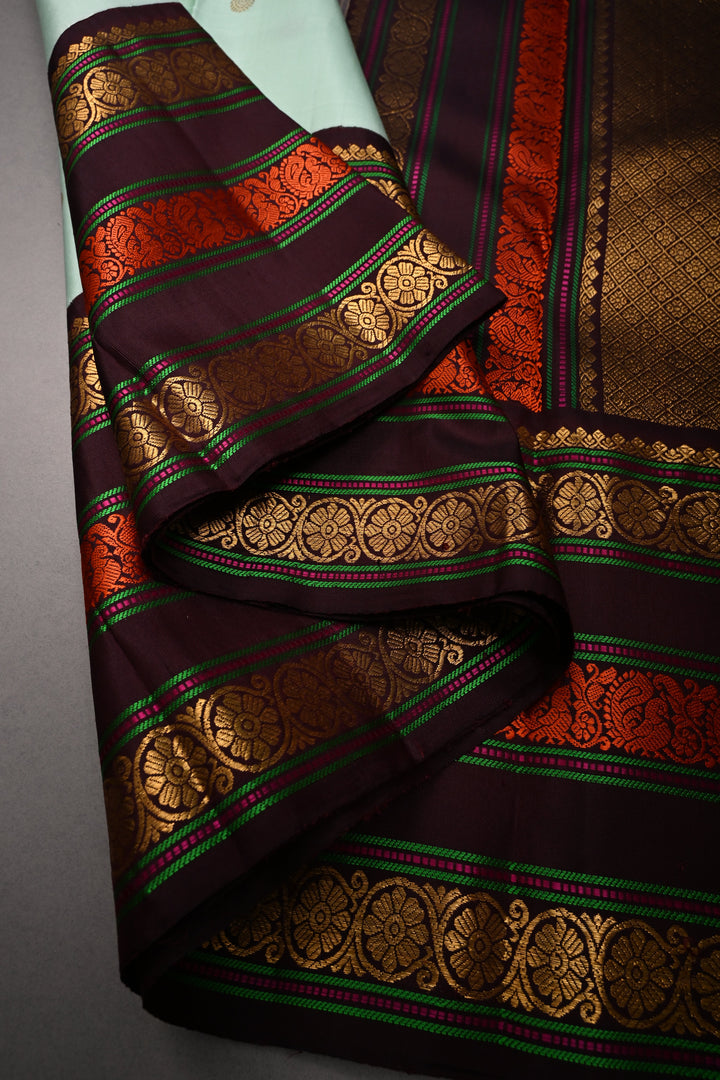 Mint Green Korvai Pure Gadwal Silk Saree with Zari Buttas and Contrast Zari-Resham Border | SILK MARK CERTIFIED | SHOBITAM