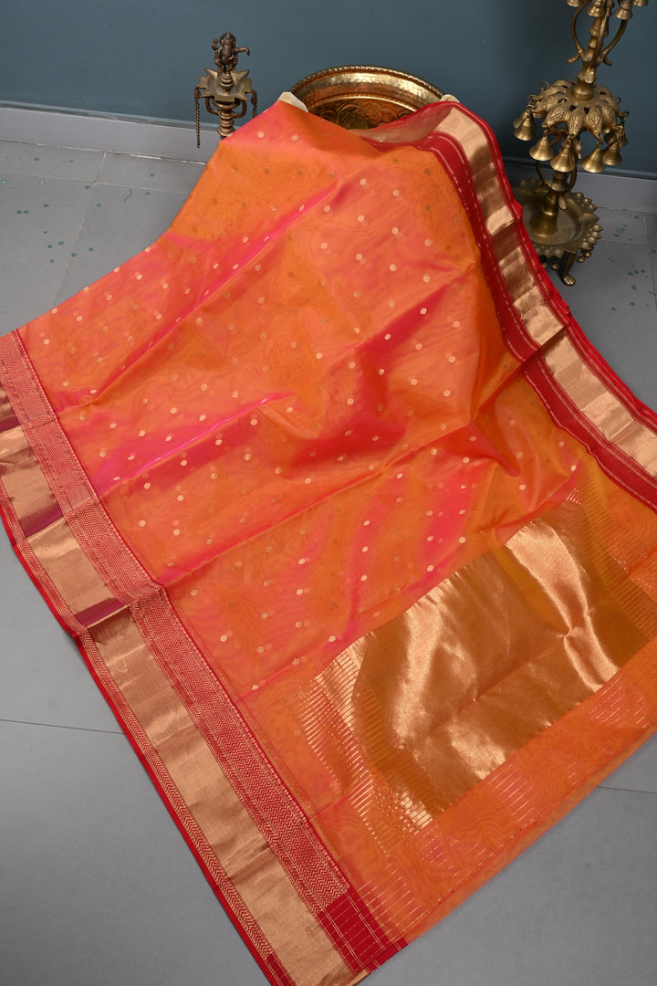 Orange Dual Tone Chanderi Silk Saree with Zari Buttas and Contrast Zari Border | SHOBITAM