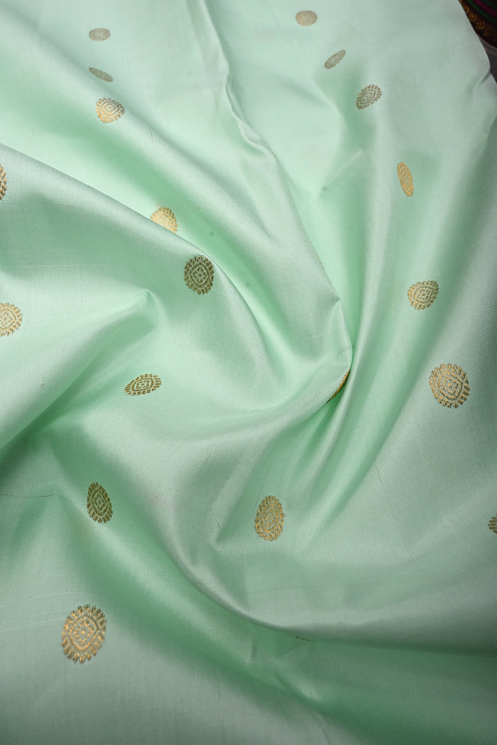 Mint Green Korvai Pure Gadwal Silk Saree with Zari Buttas and Contrast Zari-Resham Border | SILK MARK CERTIFIED | SHOBITAM