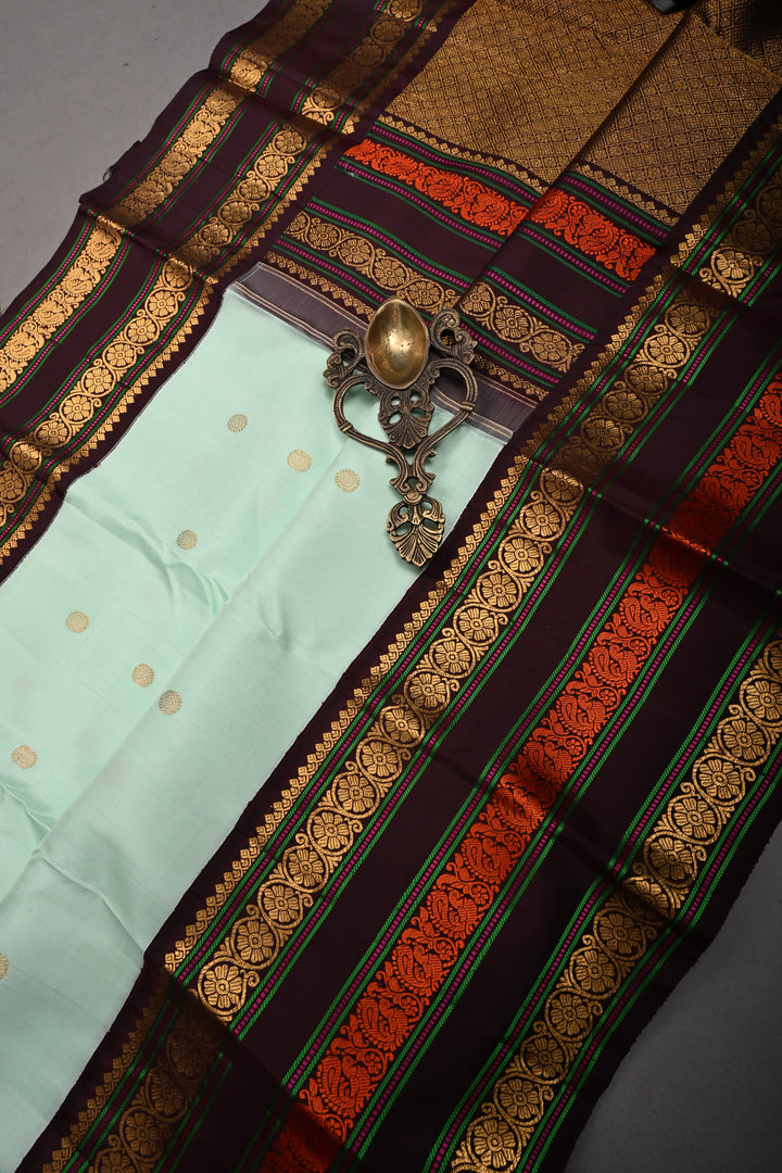 Mint Green Korvai Pure Gadwal Silk Saree with Zari Buttas and Contrast Zari-Resham Border | SILK MARK CERTIFIED | SHOBITAM