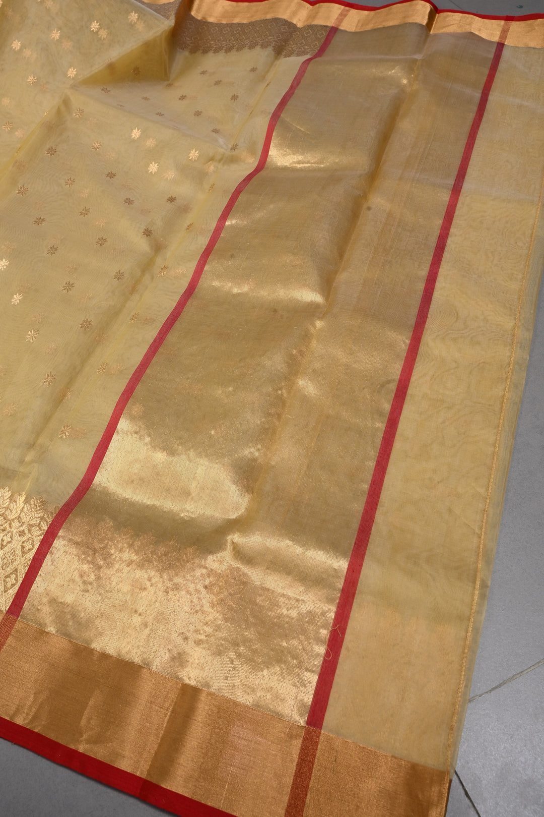 Dark Beige Chanderi Silk Saree with Zari Buttas and Tissue Zari Border | SHOBITAM