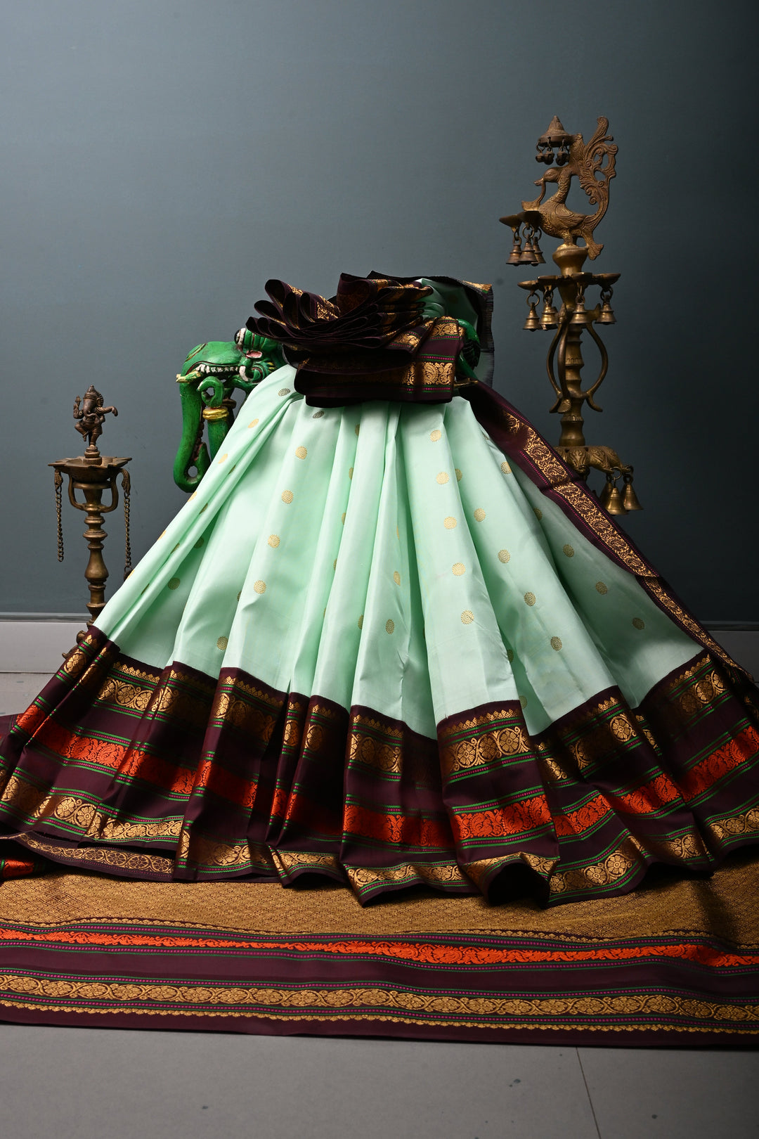 Mint Green Korvai Pure Gadwal Silk Saree with Zari Buttas and Contrast Zari-Resham Border | SILK MARK CERTIFIED | SHOBITAM
