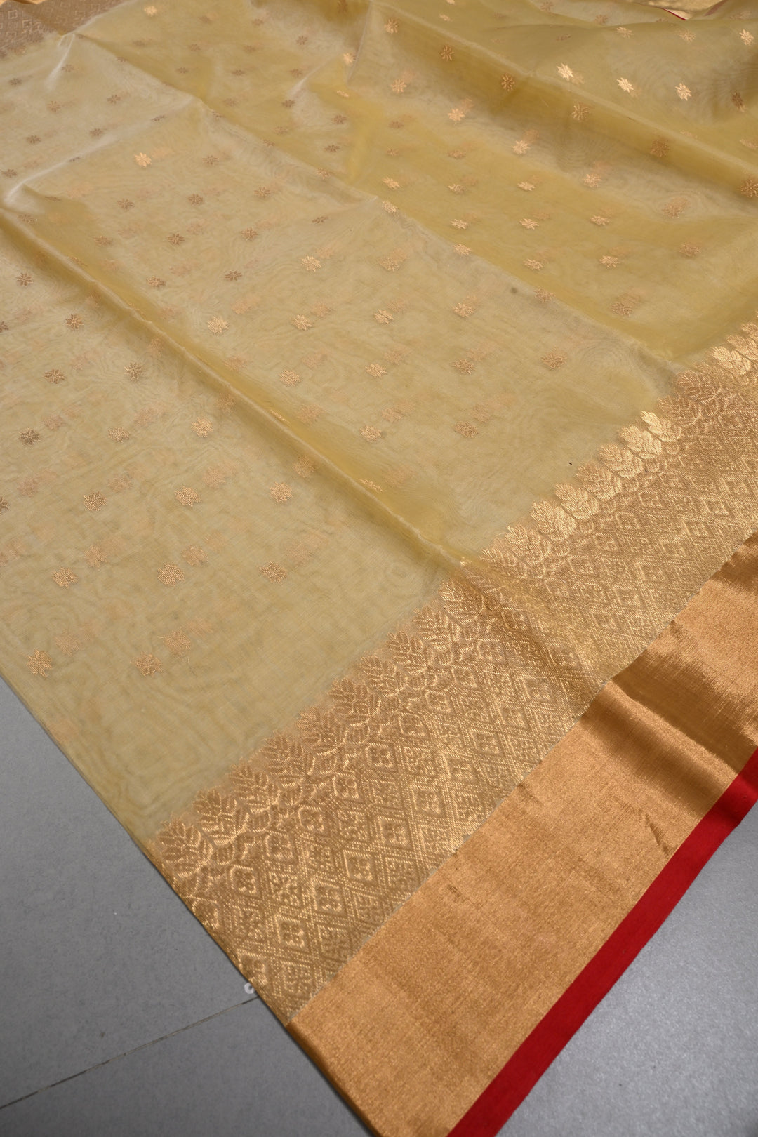 Dark Beige Chanderi Silk Saree with Zari Buttas and Tissue Zari Border | SHOBITAM
