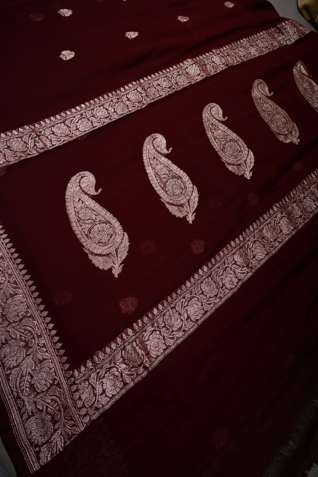 Chocolate Brown Pure Chiffon Silk Saree with Floral Zari Buttas and Zari Border | SILK MARK CERTIFIED | SHOBITAM