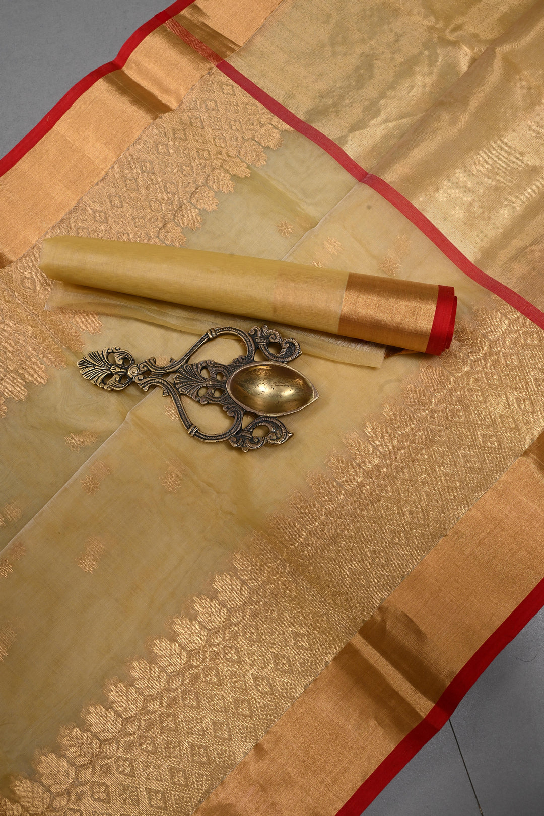 Dark Beige Chanderi Silk Saree with Zari Buttas and Tissue Zari Border | SHOBITAM