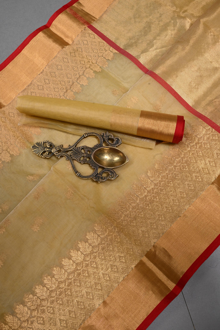 Dark Beige Chanderi Silk Saree with Zari Buttas and Tissue Zari Border | SHOBITAM