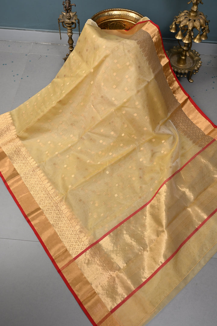Dark Beige Chanderi Silk Saree with Zari Buttas and Tissue Zari Border | SHOBITAM