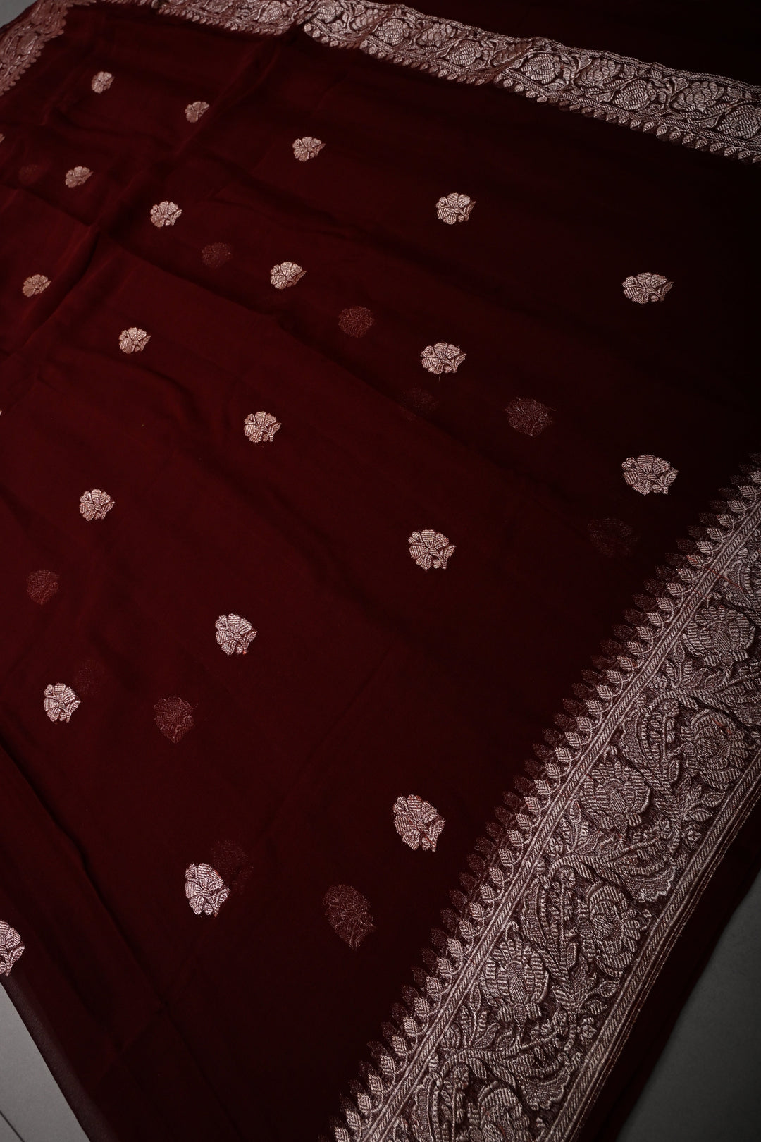 Chocolate Brown Pure Chiffon Silk Saree with Floral Zari Buttas and Zari Border | SILK MARK CERTIFIED | SHOBITAM