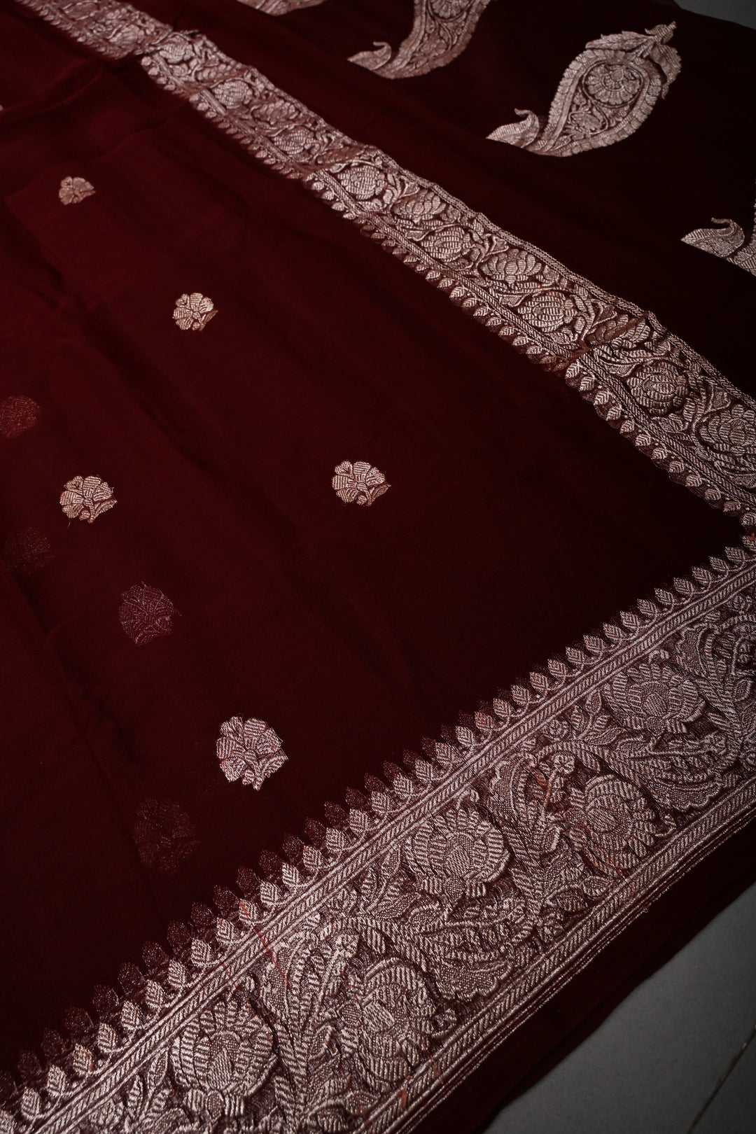 Chocolate Brown Pure Chiffon Silk Saree with Floral Zari Buttas and Zari Border | SILK MARK CERTIFIED | SHOBITAM