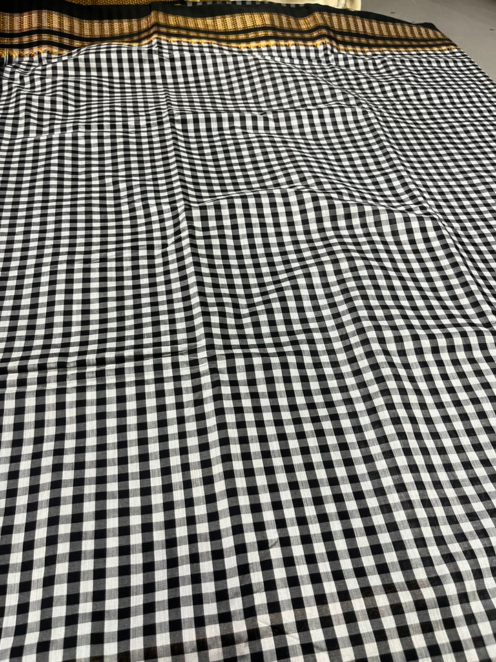 Black and white checks on mercerized cotton Bagalkote Iikal Saree with Zari Border | SHOBITAM