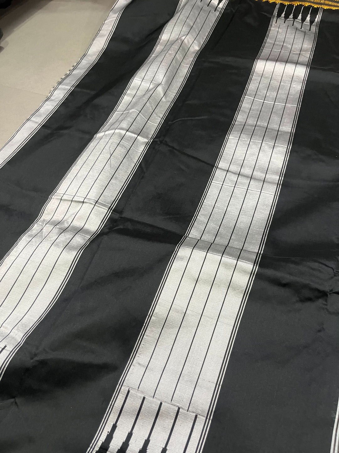 Black and white checks on mercerized cotton Bagalkote Iikal Saree with Zari Border | SHOBITAM