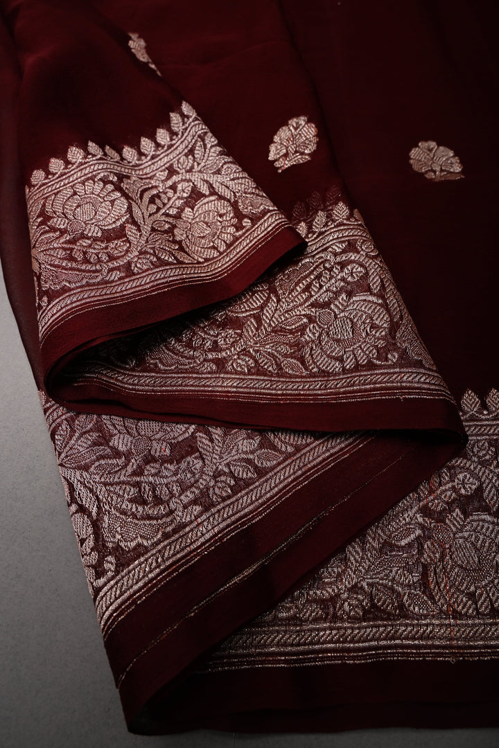 Chocolate Brown Pure Chiffon Silk Saree with Floral Zari Buttas and Zari Border | SILK MARK CERTIFIED | SHOBITAM