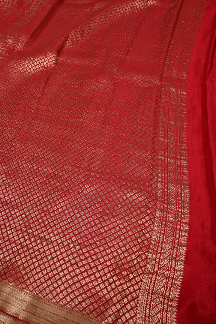 Blood Red Mysore Silk Saree with Vanasingaram Brocade Jaal and Zari Border | SILK MARK CERTIFIED | SHOBITAM