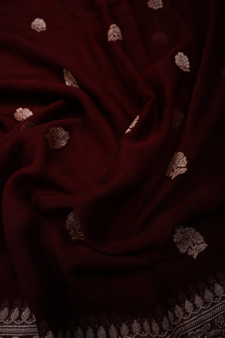 Chocolate Brown Pure Chiffon Silk Saree with Floral Zari Buttas and Zari Border | SILK MARK CERTIFIED | SHOBITAM