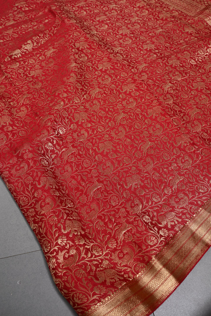Blood Red Mysore Silk Saree with Vanasingaram Brocade Jaal and Zari Border | SILK MARK CERTIFIED | SHOBITAM