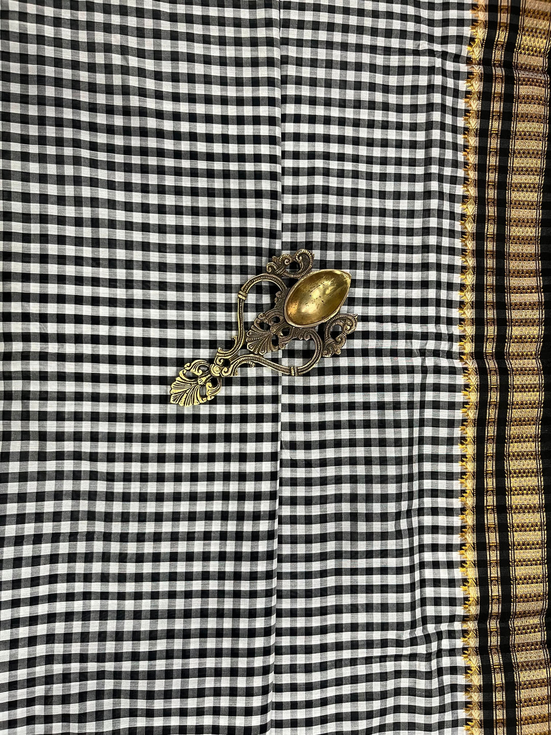 Black and white checks on mercerized cotton Bagalkote Iikal Saree with Zari Border | SHOBITAM