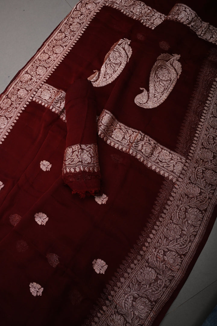 Chocolate Brown Pure Chiffon Silk Saree with Floral Zari Buttas and Zari Border | SILK MARK CERTIFIED | SHOBITAM