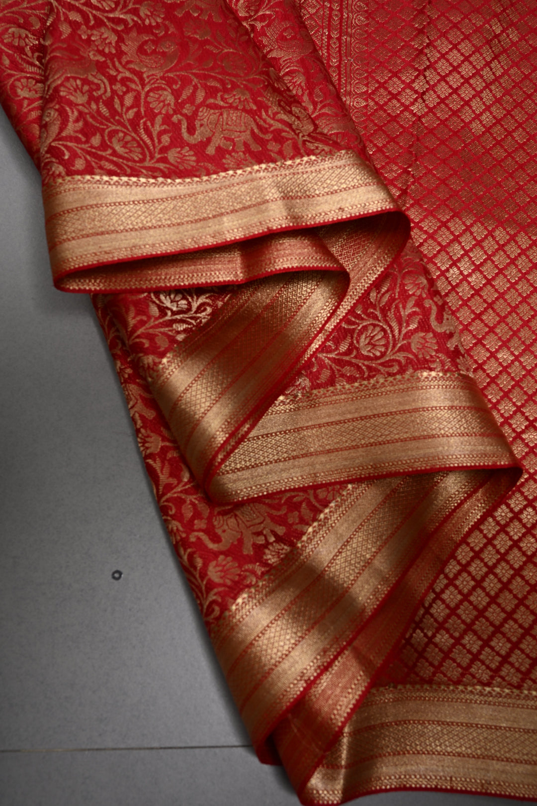 Blood Red Mysore Silk Saree with Vanasingaram Brocade Jaal and Zari Border | SILK MARK CERTIFIED | SHOBITAM