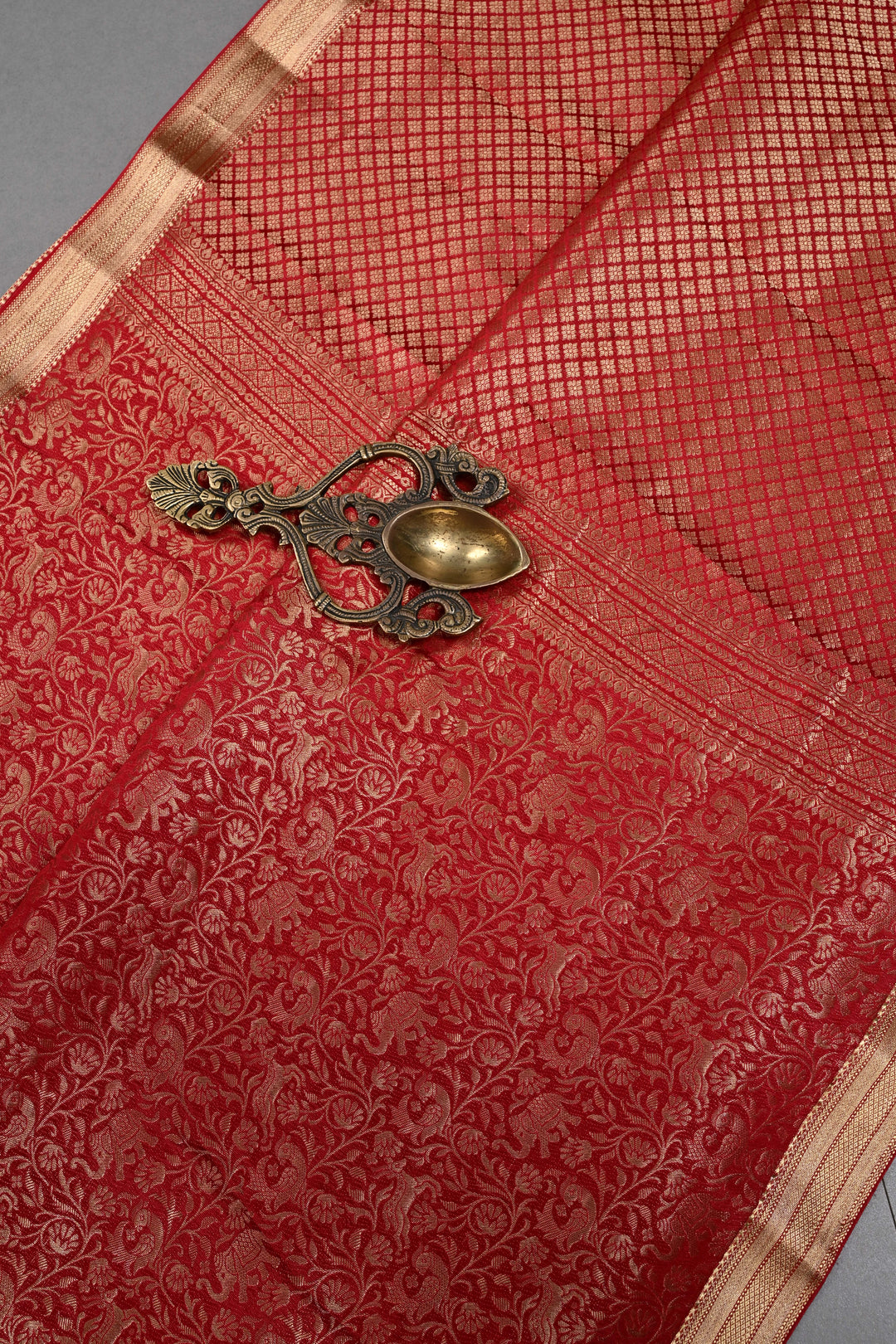 Blood Red Mysore Silk Saree with Vanasingaram Brocade Jaal and Zari Border | SILK MARK CERTIFIED | SHOBITAM