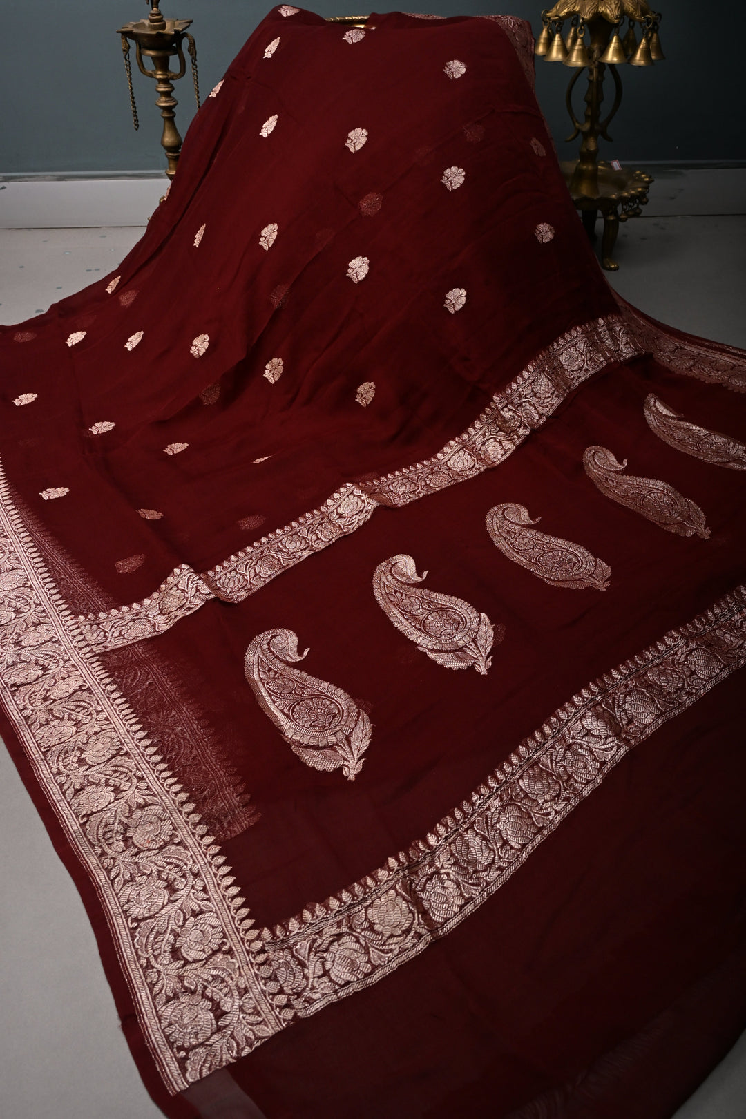 Chocolate Brown Pure Chiffon Silk Saree with Floral Zari Buttas and Zari Border | SILK MARK CERTIFIED | SHOBITAM