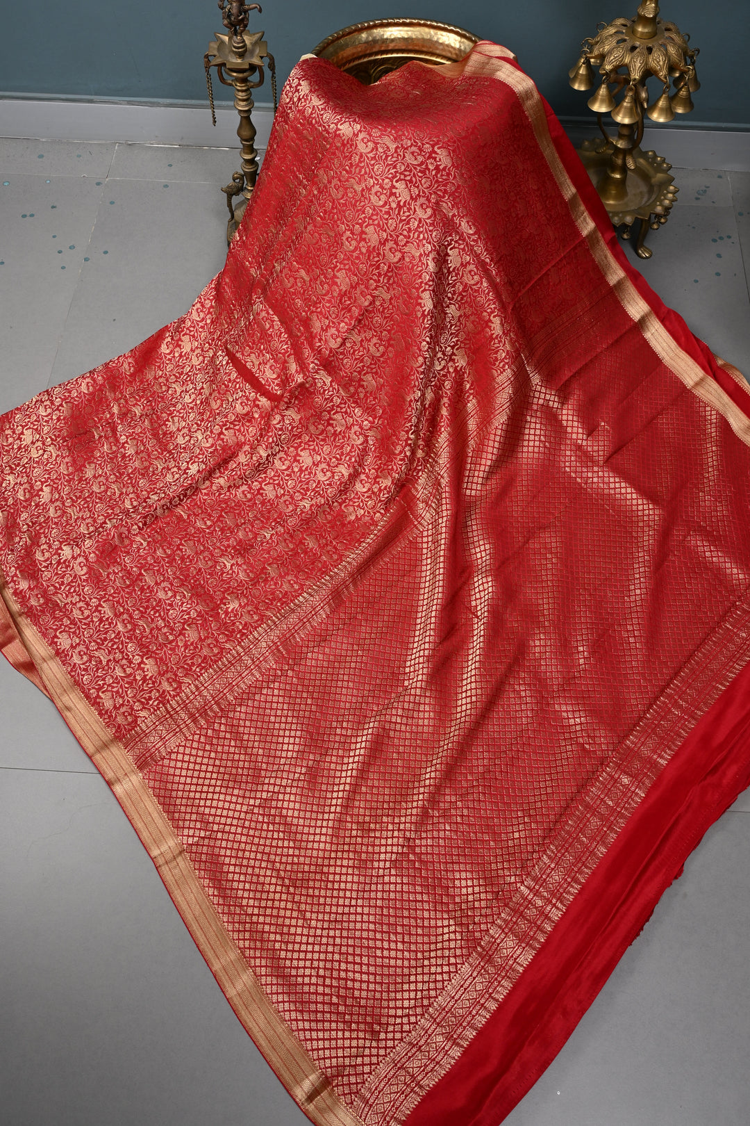 Blood Red Mysore Silk Saree with Vanasingaram Brocade Jaal and Zari Border | SILK MARK CERTIFIED | SHOBITAM