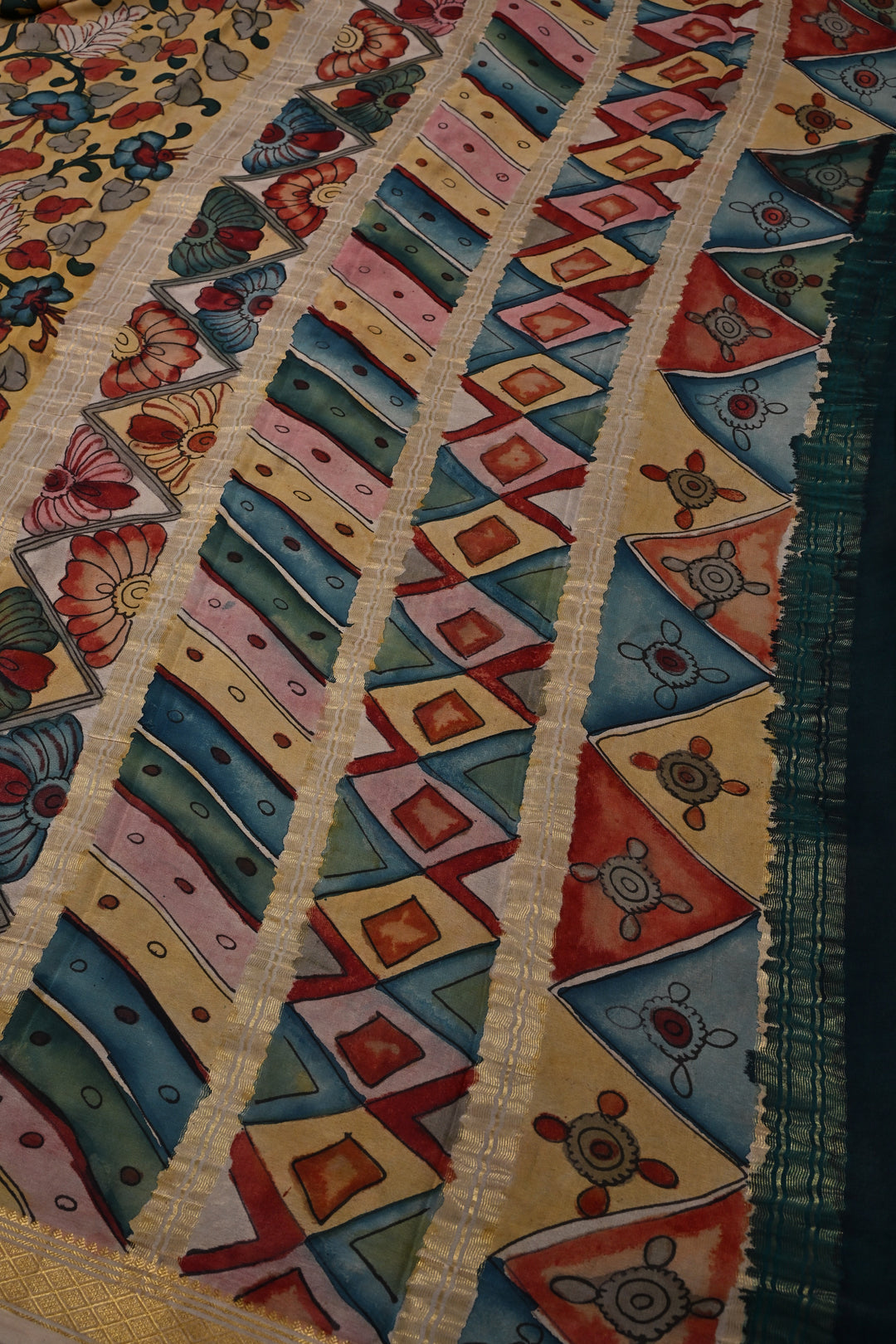 Floral and Peacock Theme : Authentic Pen Kalamkari Handpainted  on Mysore Silk Saree with Zari Border | SILK MARK CERTIFIED | SHOBITAM