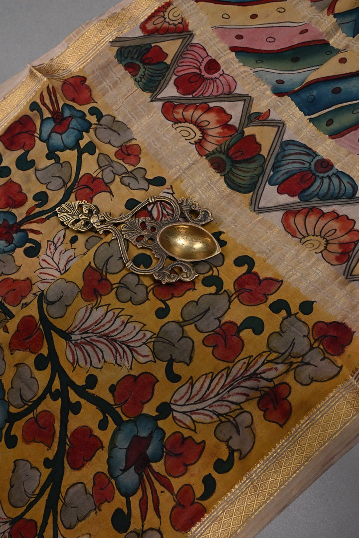 Floral and Peacock Theme : Authentic Pen Kalamkari Handpainted  on Mysore Silk Saree with Zari Border | SILK MARK CERTIFIED | SHOBITAM