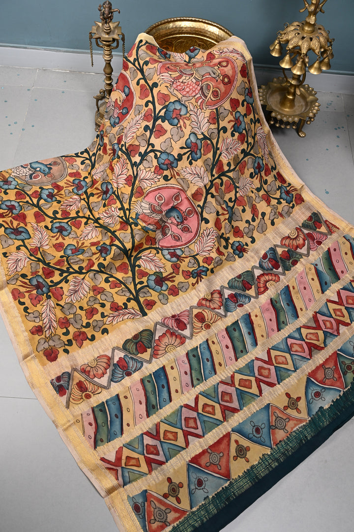 Floral and Peacock Theme : Authentic Pen Kalamkari Handpainted  on Mysore Silk Saree with Zari Border | SILK MARK CERTIFIED | SHOBITAM