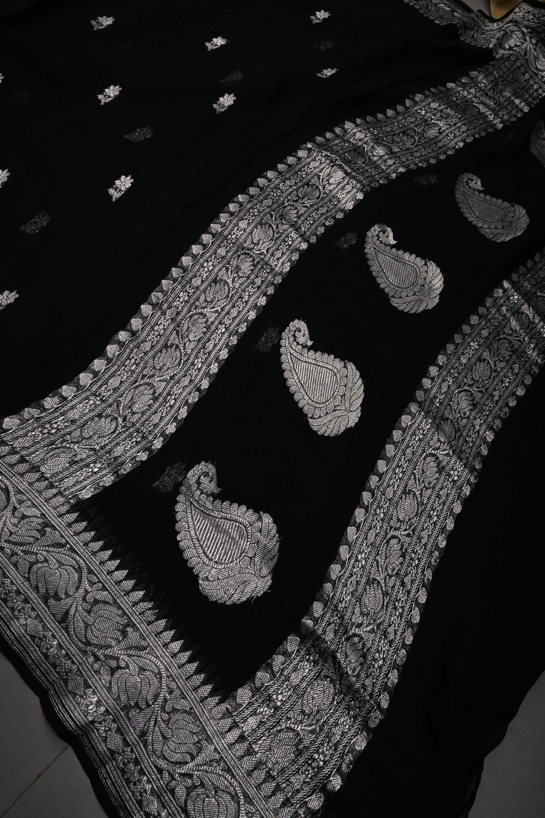 Black Pure Chiffon Silk Saree with Silver Tone Floral Zari Buttas and Zari Border | SILK MARK CERTIFIED | SHOBITAM