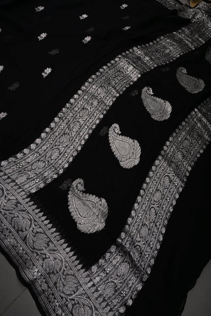 Black Pure Chiffon Silk Saree with Silver Tone Floral Zari Buttas and Zari Border | SILK MARK CERTIFIED | SHOBITAM