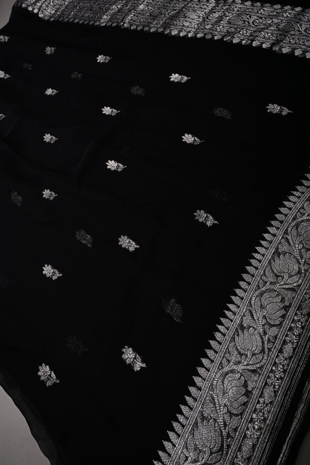 Black Pure Chiffon Silk Saree with Silver Tone Floral Zari Buttas and Zari Border | SILK MARK CERTIFIED | SHOBITAM