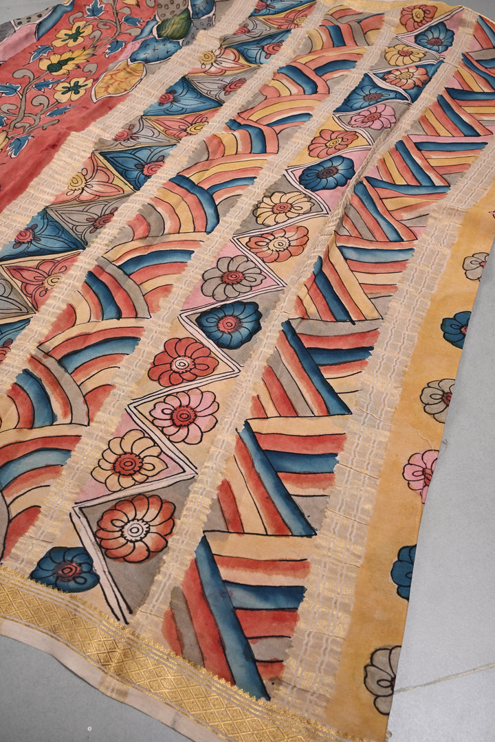 Floral and Peacock Theme : Authentic Pen Kalamkari Handpainted  on Mysore Silk Saree with Minimal Zari Border | SILK MARK CERTIFIED | SHOBITAM