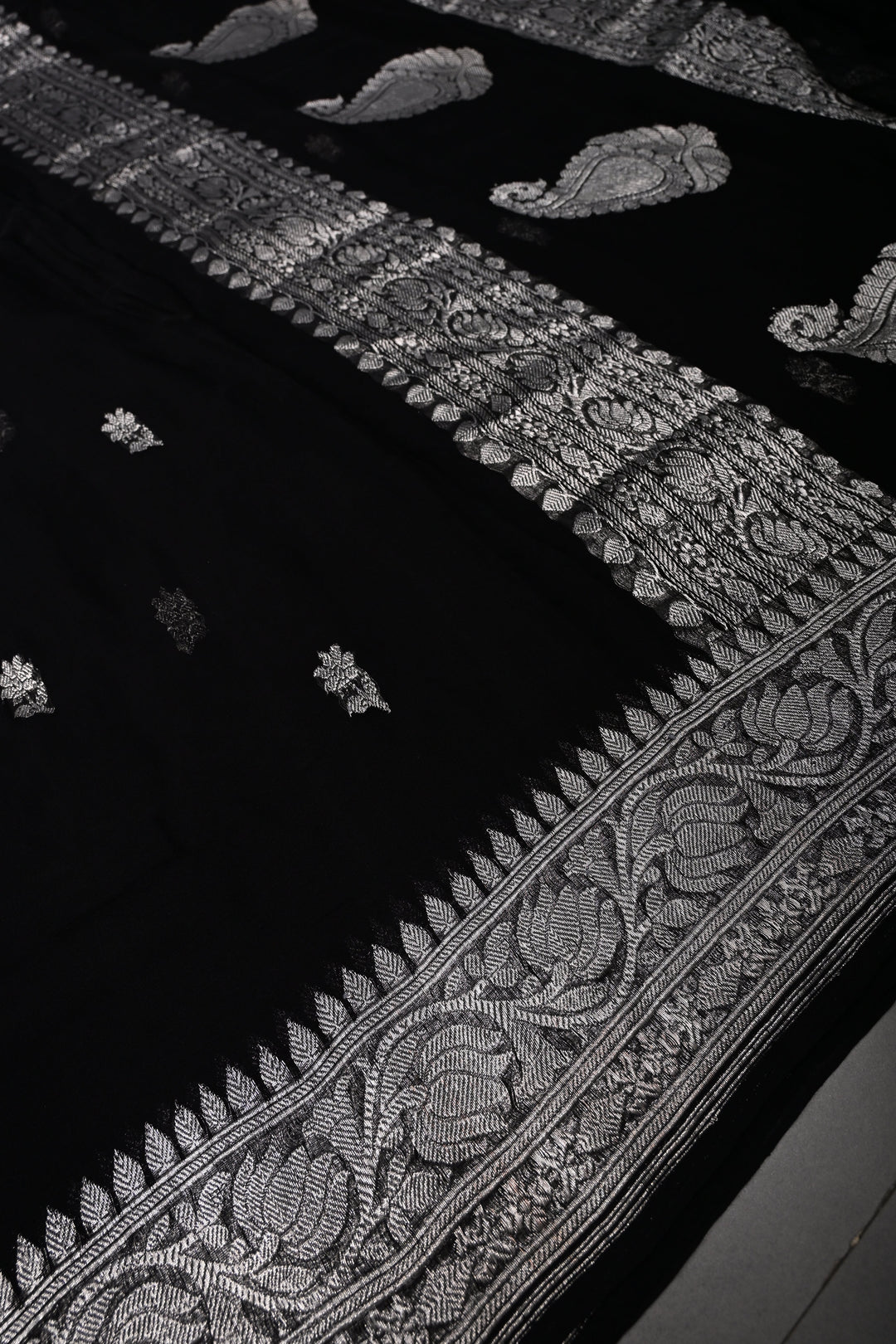 Black Pure Chiffon Silk Saree with Silver Tone Floral Zari Buttas and Zari Border | SILK MARK CERTIFIED | SHOBITAM