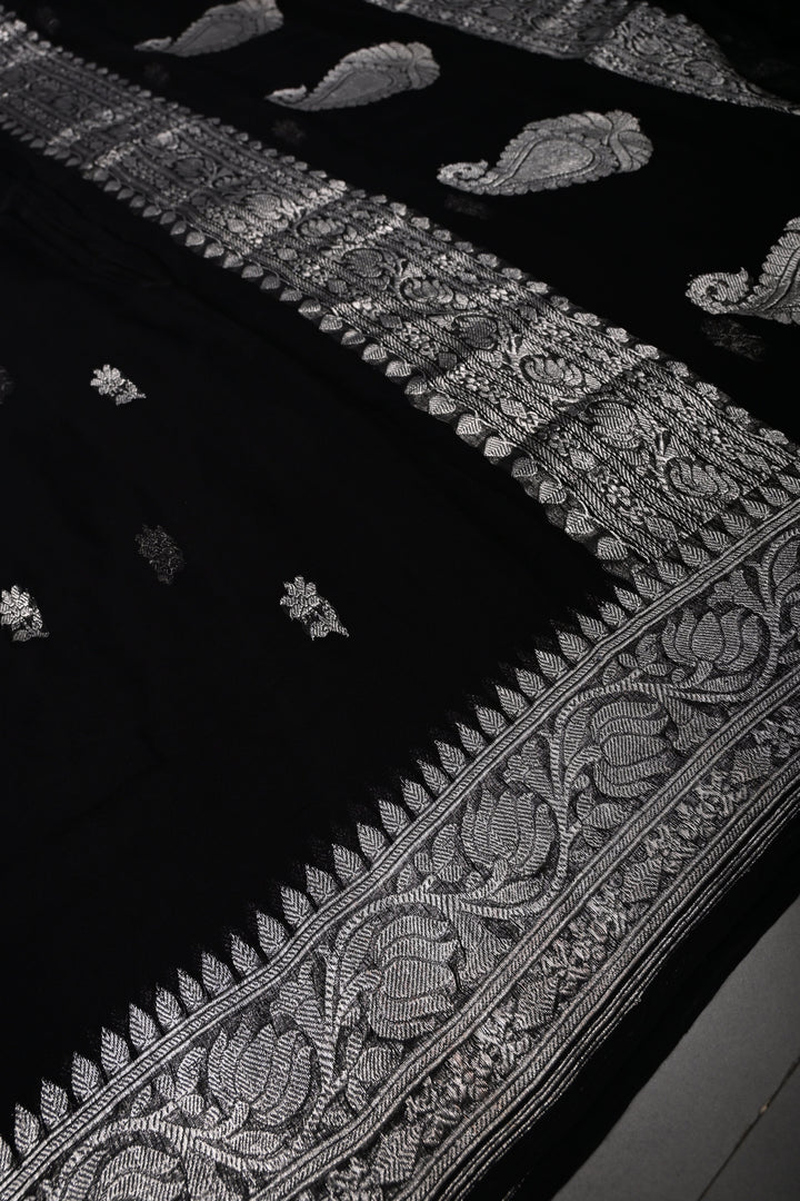 Black Pure Chiffon Silk Saree with Silver Tone Floral Zari Buttas and Zari Border | SILK MARK CERTIFIED | SHOBITAM